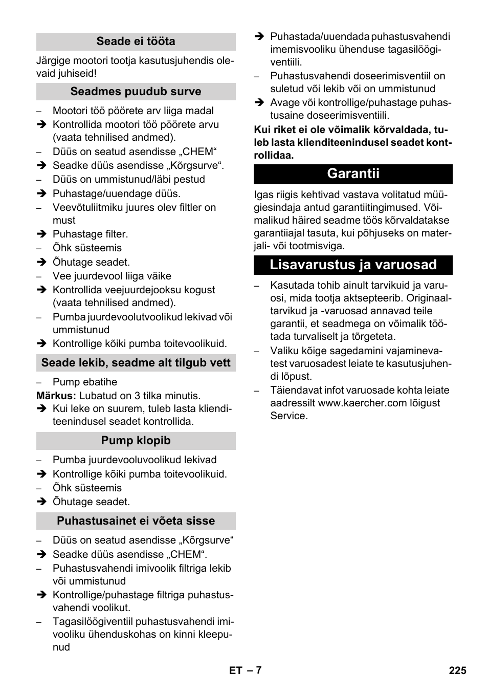 Garantii lisavarustus ja varuosad | Karcher HD 1050 B User Manual | Page 225 / 276