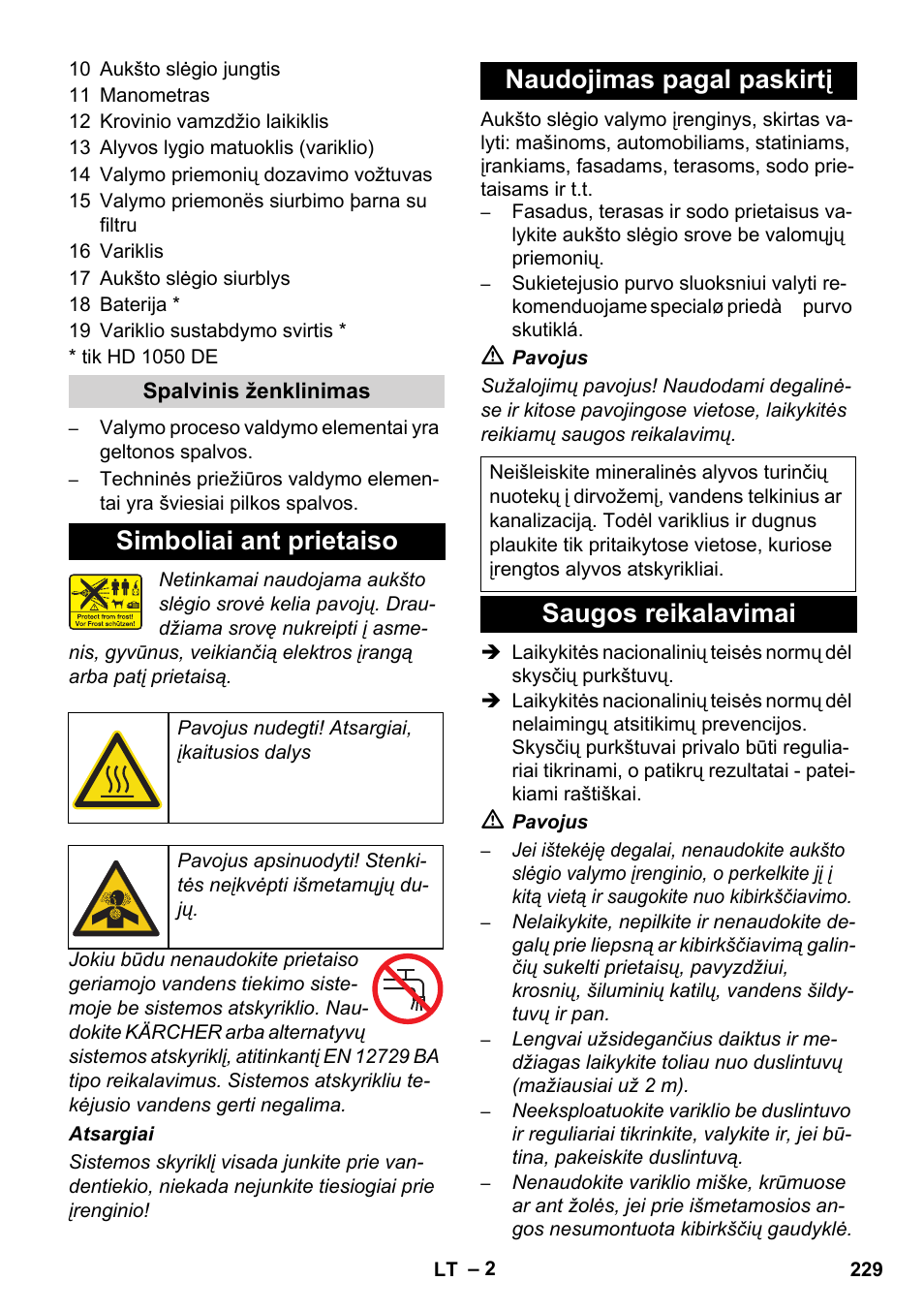 Simboliai ant prietaiso, Naudojimas pagal paskirtį, Saugos reikalavimai | Karcher HD 1050 B User Manual | Page 229 / 276