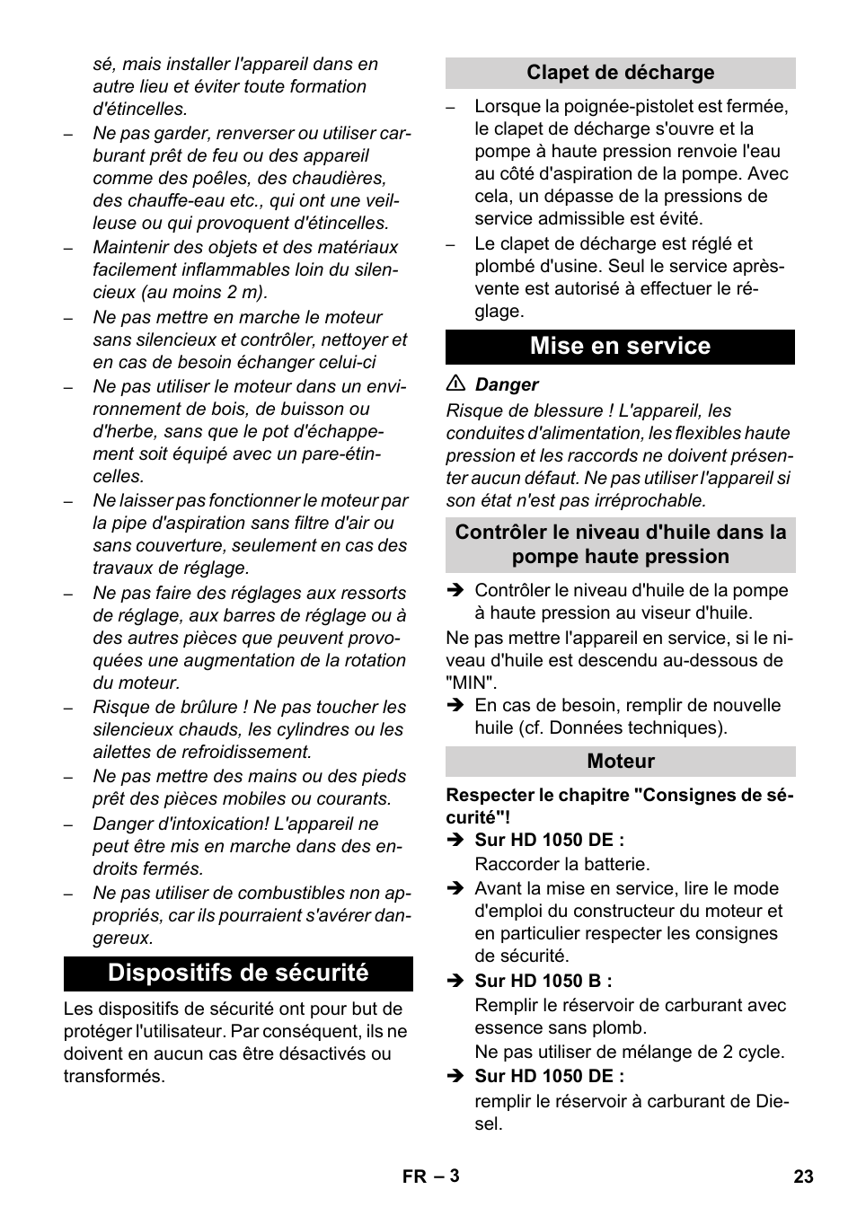 Dispositifs de sécurité, Mise en service | Karcher HD 1050 B User Manual | Page 23 / 276