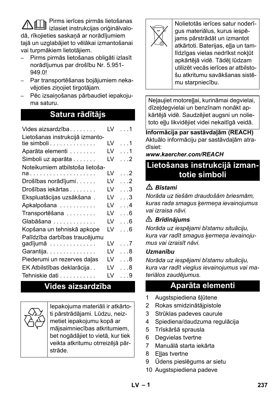 Latviešu, Satura rādītājs, Vides aizsardzība | Karcher HD 1050 B User Manual | Page 237 / 276