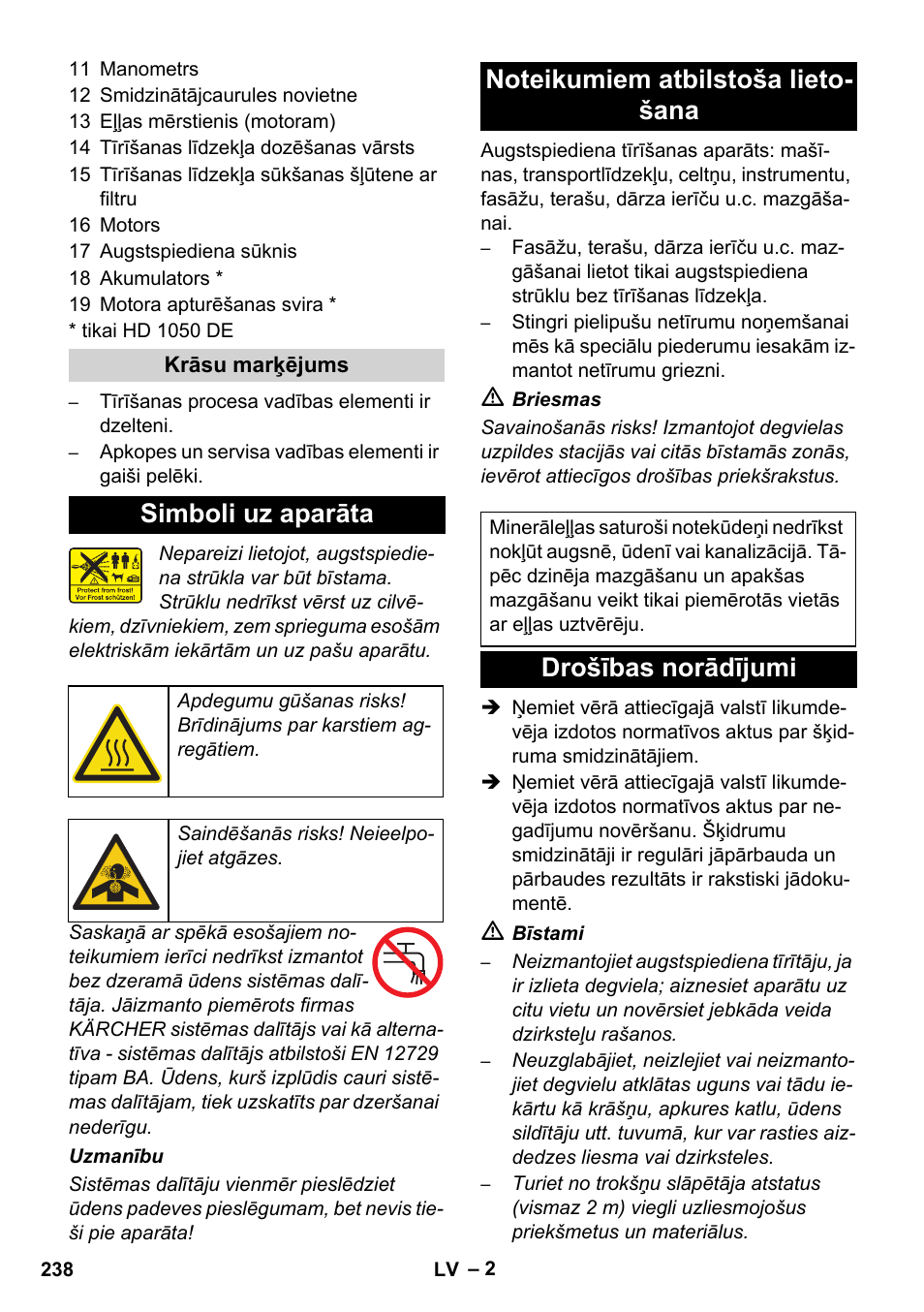 Simboli uz aparāta, Drošības norādījumi | Karcher HD 1050 B User Manual | Page 238 / 276