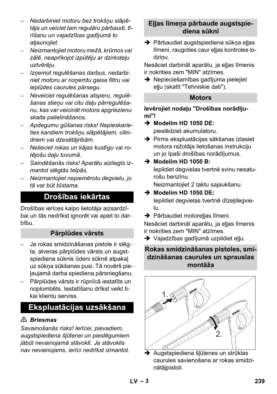 Drošības iekārtas, Ekspluatācijas uzsākšana | Karcher HD 1050 B User Manual | Page 239 / 276