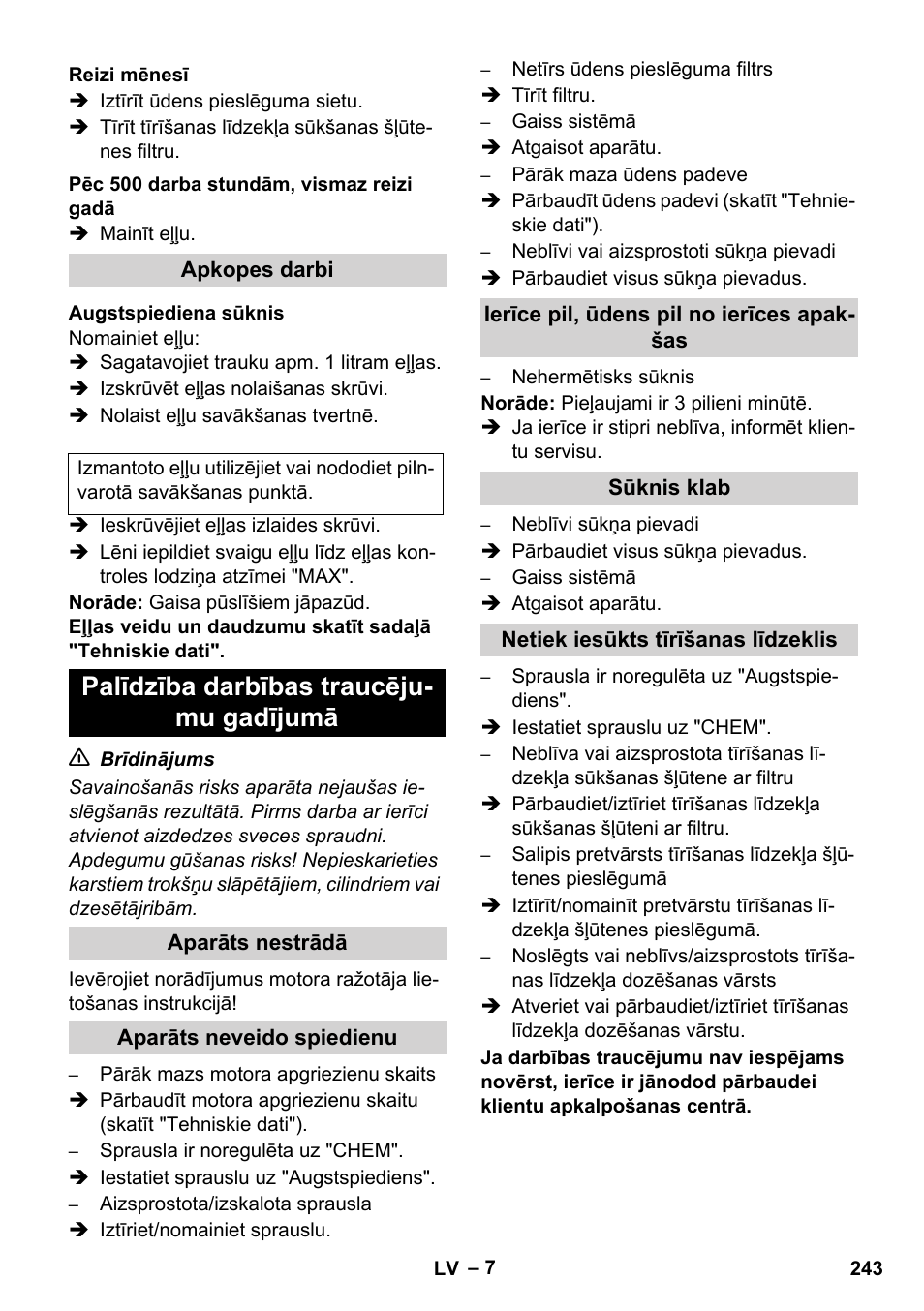 Palīdzība darbības traucēju- mu gadījumā | Karcher HD 1050 B User Manual | Page 243 / 276