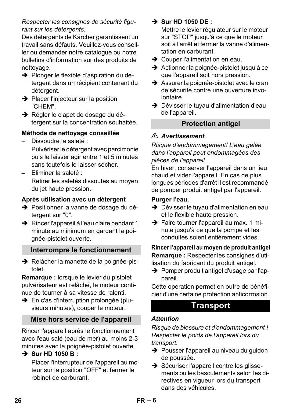 Transport | Karcher HD 1050 B User Manual | Page 26 / 276