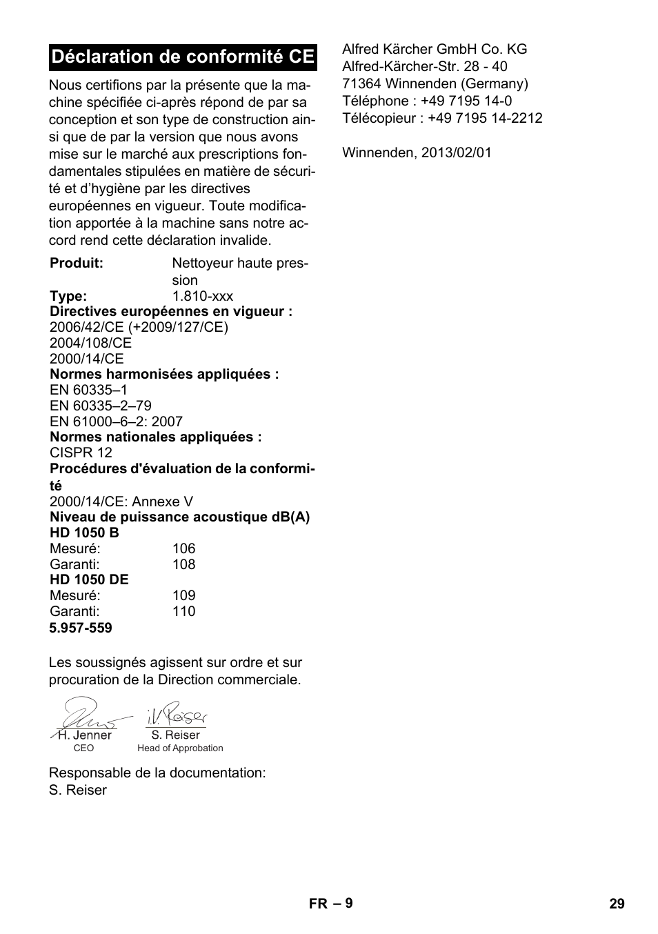 Déclaration de conformité ce | Karcher HD 1050 B User Manual | Page 29 / 276