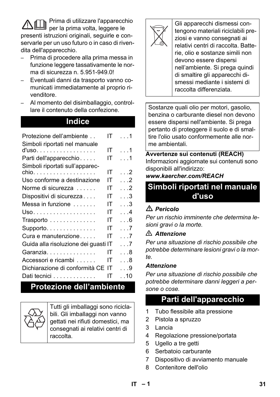 Italiano, Indice, Protezione dell’ambiente | Karcher HD 1050 B User Manual | Page 31 / 276