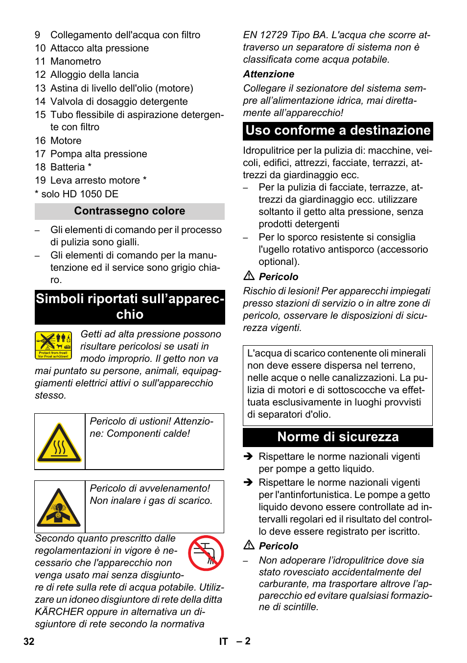 Simboli riportati sull’apparec- chio, Uso conforme a destinazione, Norme di sicurezza | Karcher HD 1050 B User Manual | Page 32 / 276