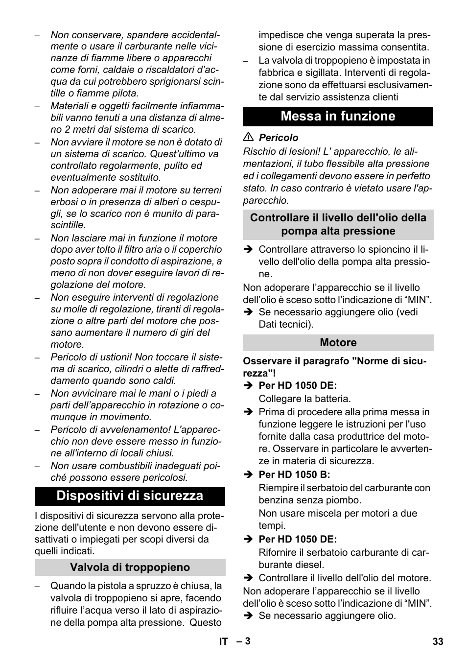 Dispositivi di sicurezza, Messa in funzione | Karcher HD 1050 B User Manual | Page 33 / 276