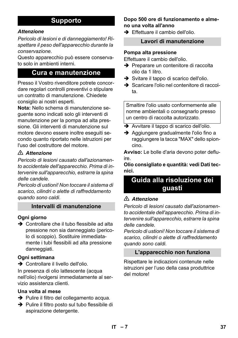 Supporto cura e manutenzione, Guida alla risoluzione dei guasti | Karcher HD 1050 B User Manual | Page 37 / 276