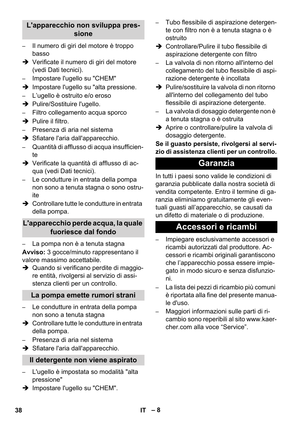 Garanzia accessori e ricambi | Karcher HD 1050 B User Manual | Page 38 / 276