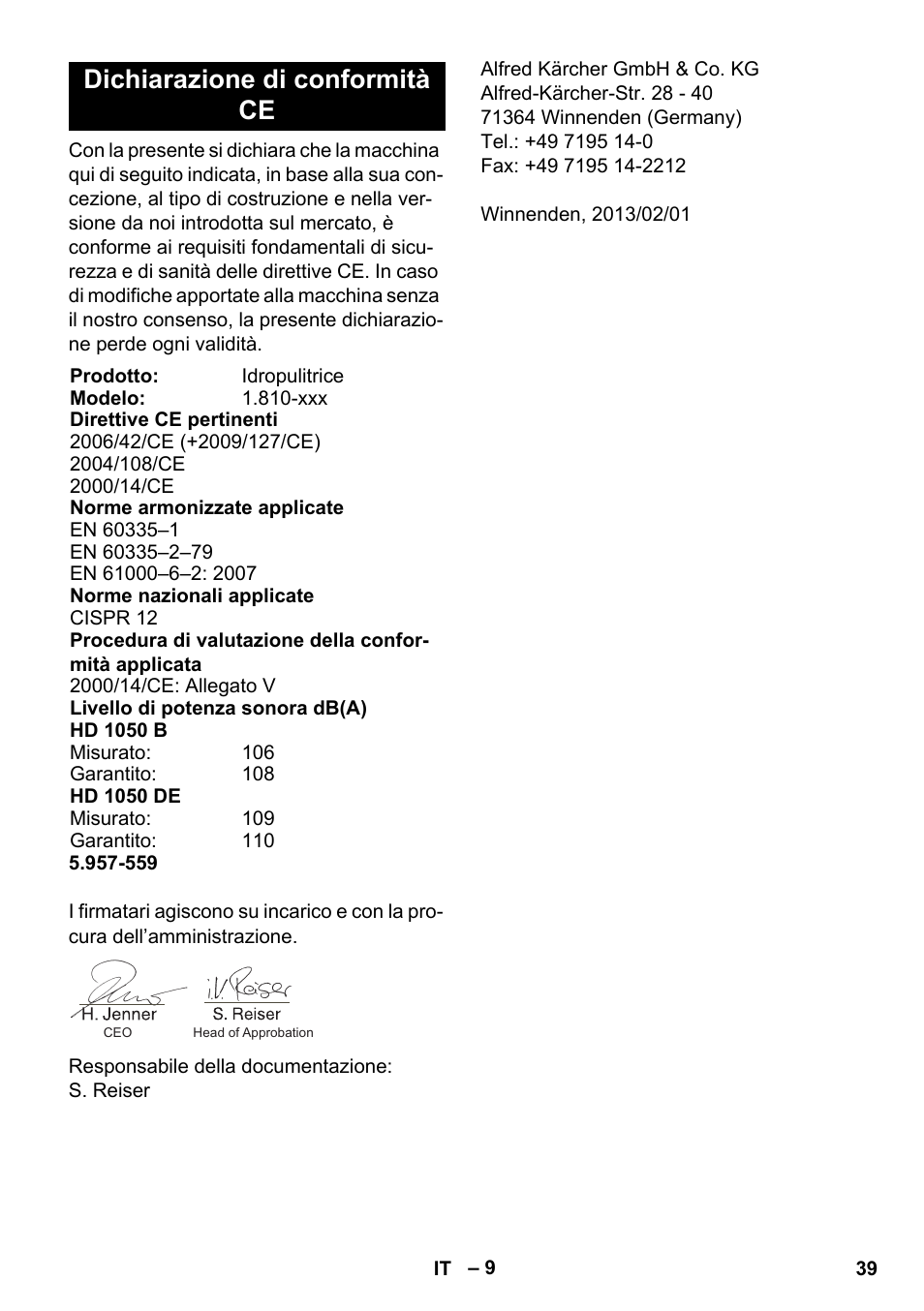 Dichiarazione di conformità ce | Karcher HD 1050 B User Manual | Page 39 / 276