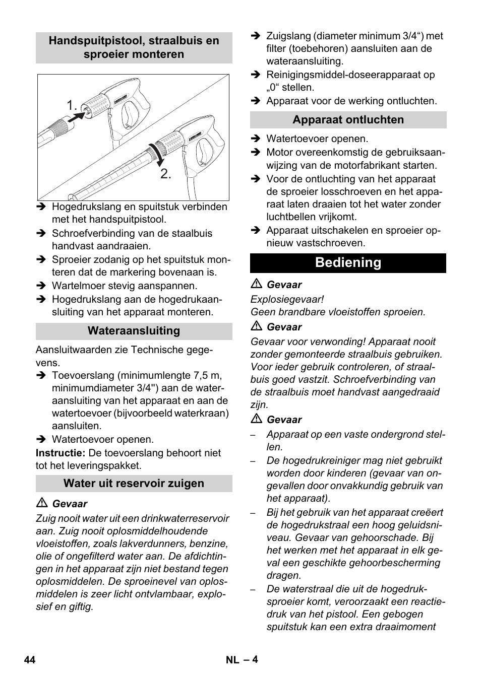 Bediening | Karcher HD 1050 B User Manual | Page 44 / 276