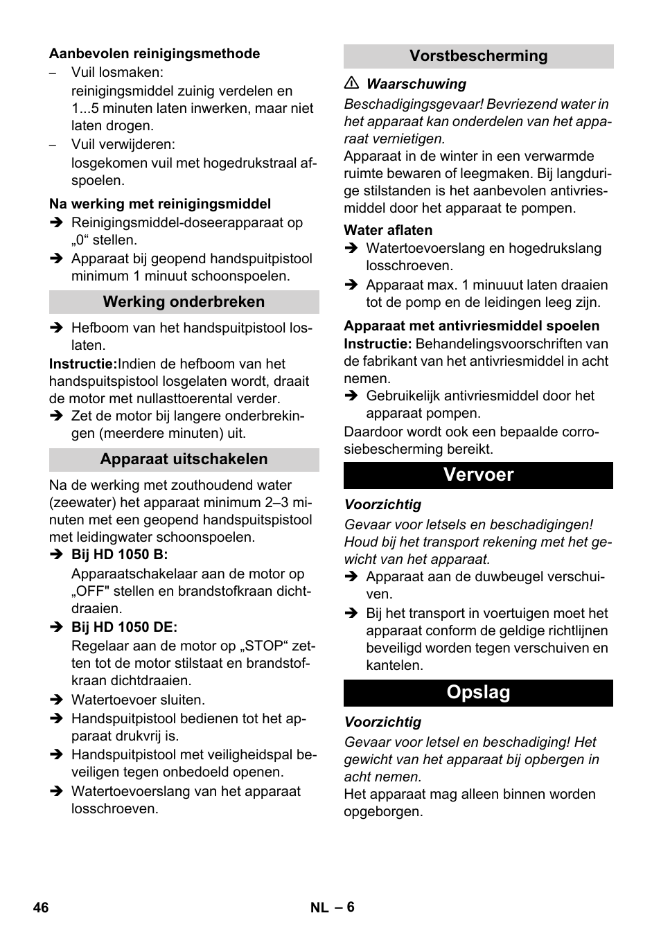 Vervoer opslag | Karcher HD 1050 B User Manual | Page 46 / 276