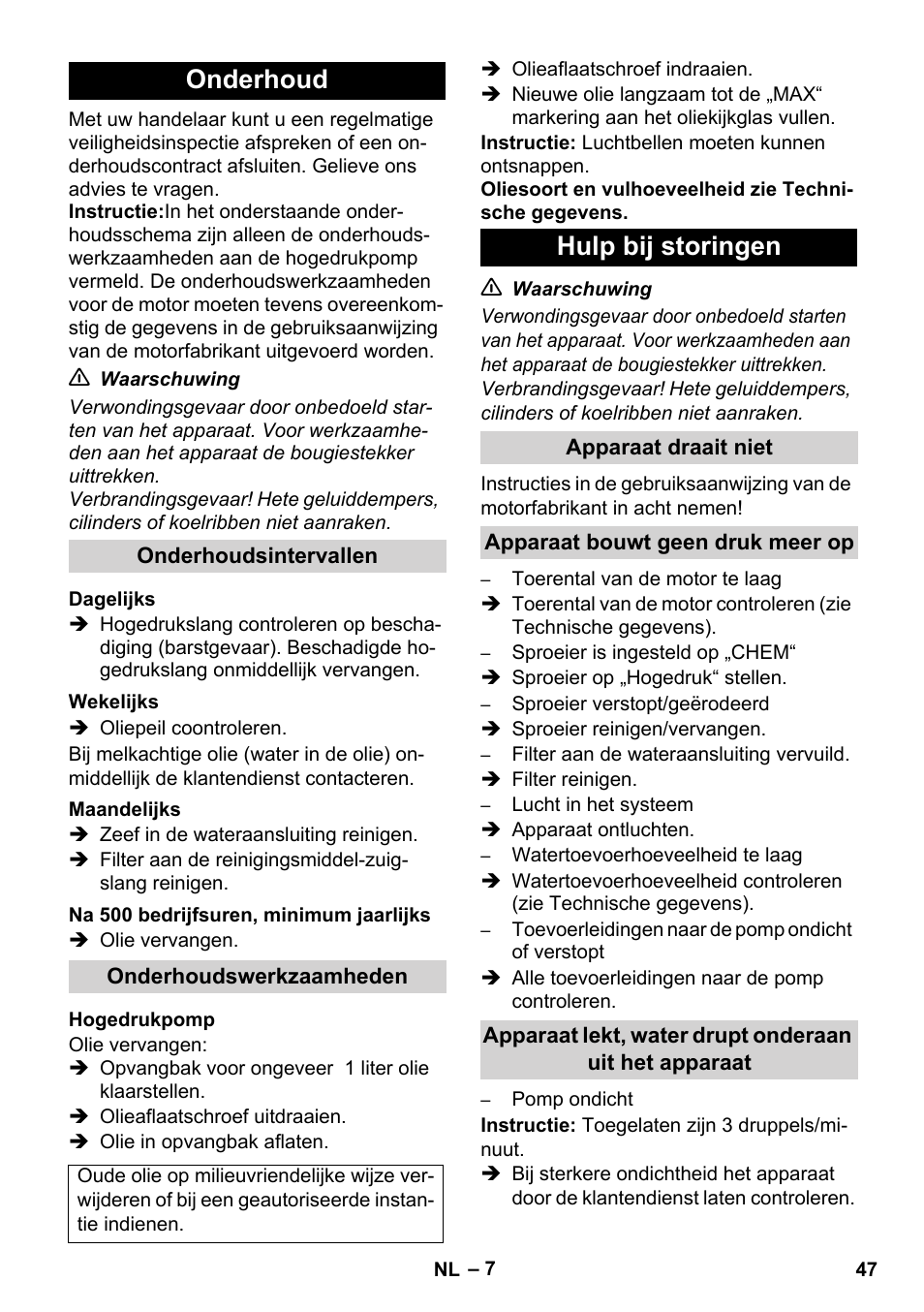 Onderhoud, Hulp bij storingen | Karcher HD 1050 B User Manual | Page 47 / 276