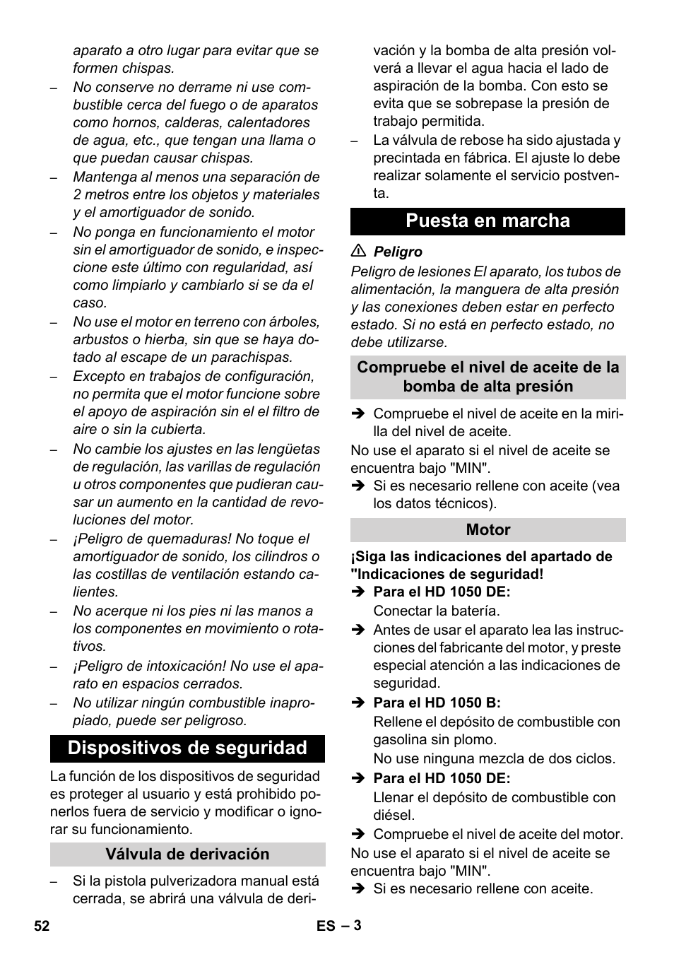 Dispositivos de seguridad, Puesta en marcha | Karcher HD 1050 B User Manual | Page 52 / 276