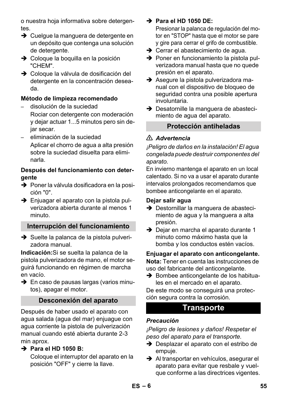 Transporte | Karcher HD 1050 B User Manual | Page 55 / 276