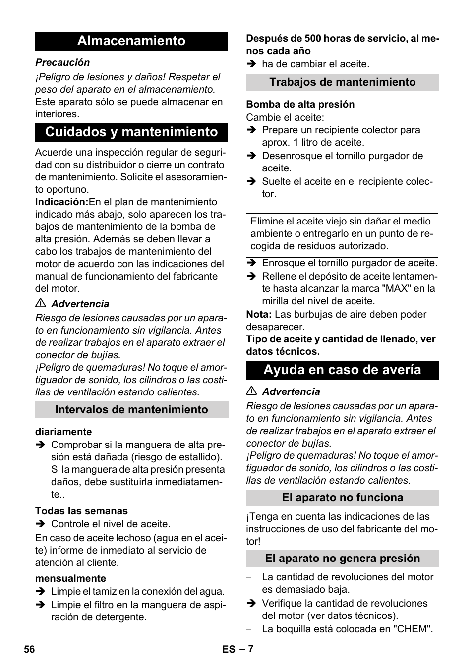 Almacenamiento cuidados y mantenimiento, Ayuda en caso de avería | Karcher HD 1050 B User Manual | Page 56 / 276