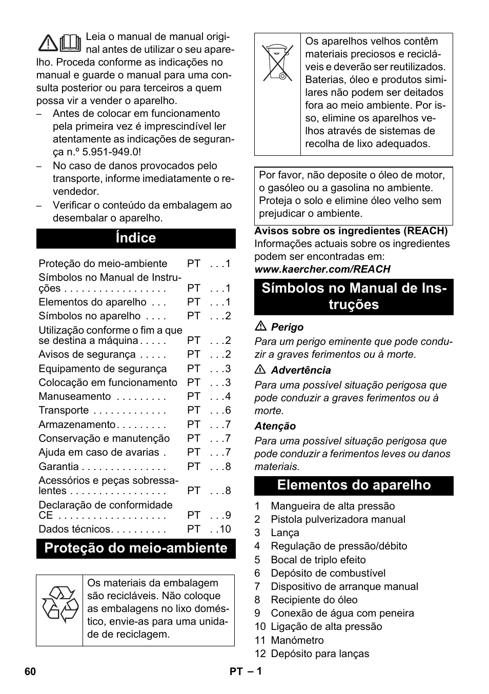 Português, Índice, Proteção do meio-ambiente | Karcher HD 1050 B User Manual | Page 60 / 276