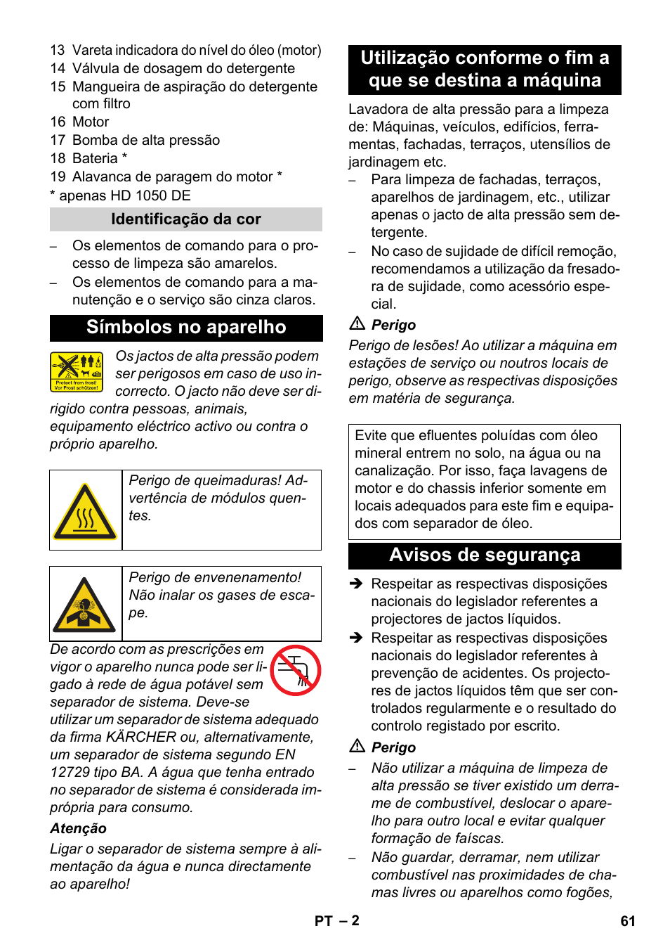 Símbolos no aparelho, Avisos de segurança | Karcher HD 1050 B User Manual | Page 61 / 276