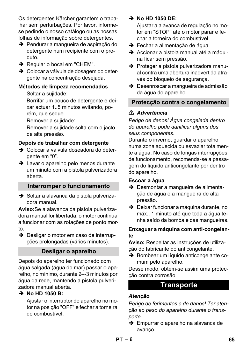 Transporte | Karcher HD 1050 B User Manual | Page 65 / 276