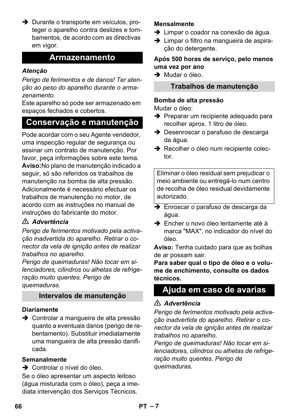 Armazenamento conservação e manutenção, Ajuda em caso de avarias | Karcher HD 1050 B User Manual | Page 66 / 276