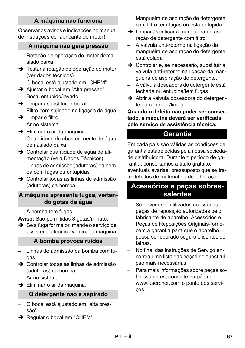 Garantia acessórios e peças sobres- salentes | Karcher HD 1050 B User Manual | Page 67 / 276