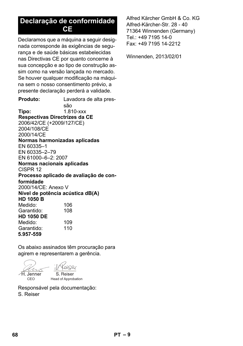 Declaração de conformidade ce | Karcher HD 1050 B User Manual | Page 68 / 276