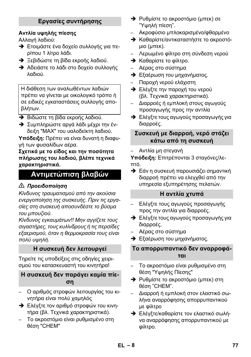 Αντιμετώπιση βλαβών | Karcher HD 1050 B User Manual | Page 77 / 276