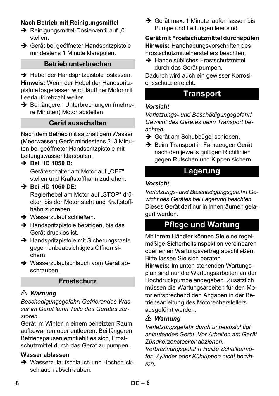 Transport lagerung pflege und wartung | Karcher HD 1050 B User Manual | Page 8 / 276