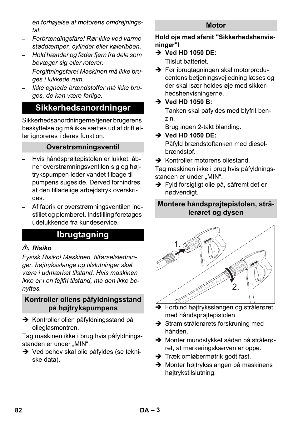 Sikkerhedsanordninger, Ibrugtagning | Karcher HD 1050 B User Manual | Page 82 / 276