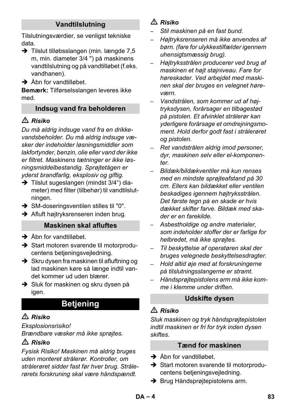 Betjening | Karcher HD 1050 B User Manual | Page 83 / 276