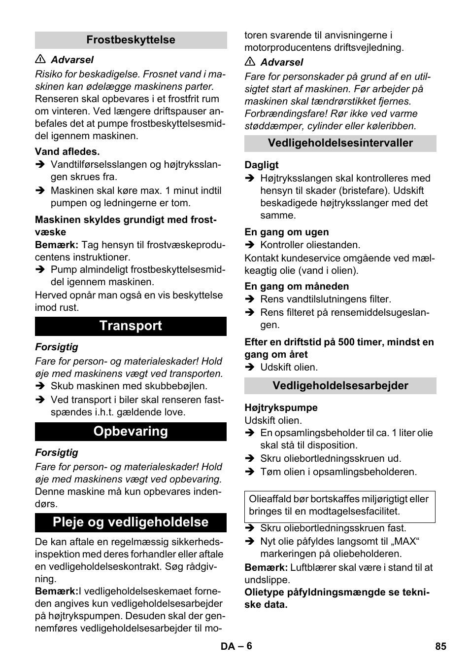 Transport opbevaring pleje og vedligeholdelse | Karcher HD 1050 B User Manual | Page 85 / 276