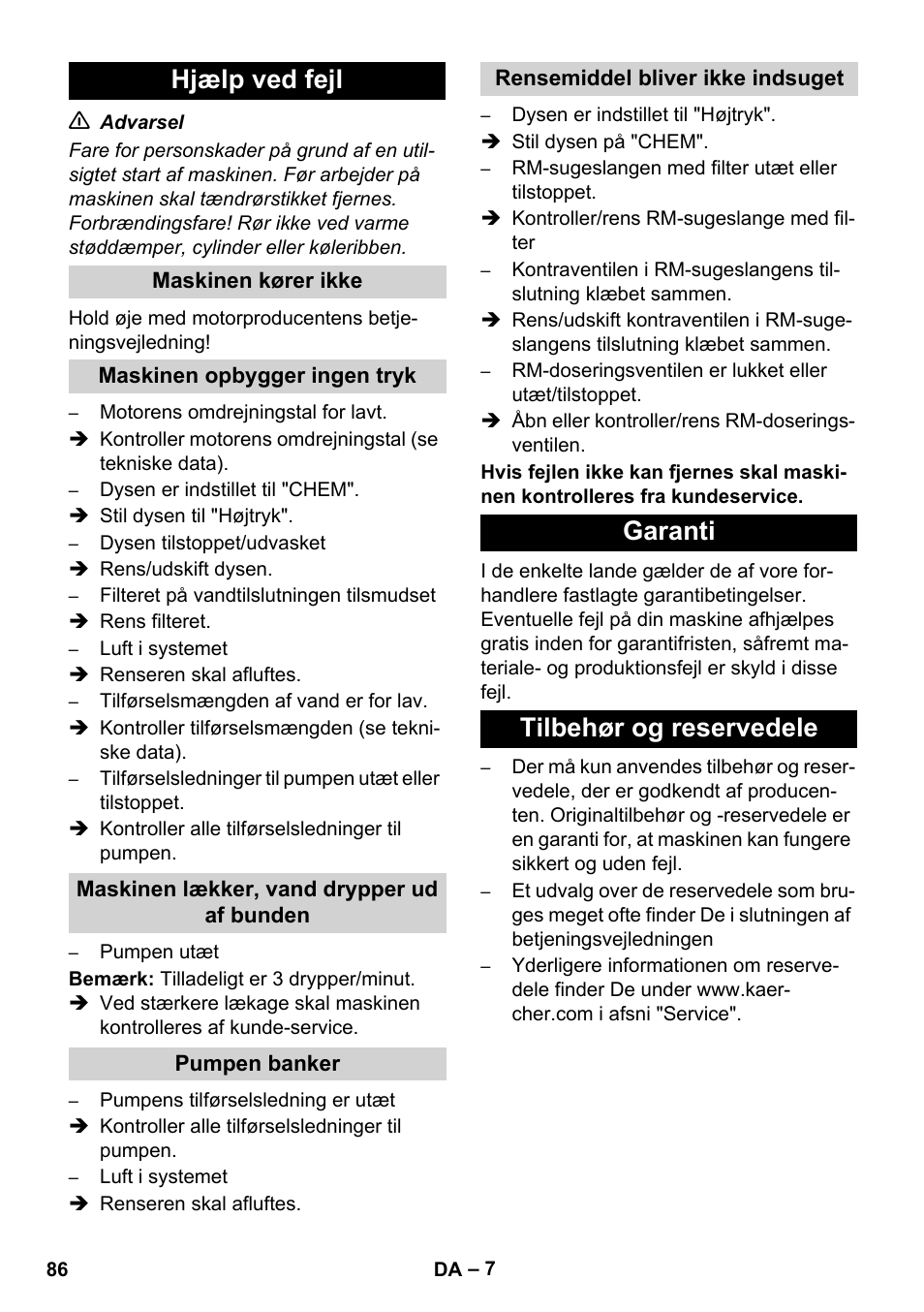 Hjælp ved fejl, Garanti tilbehør og reservedele | Karcher HD 1050 B User Manual | Page 86 / 276