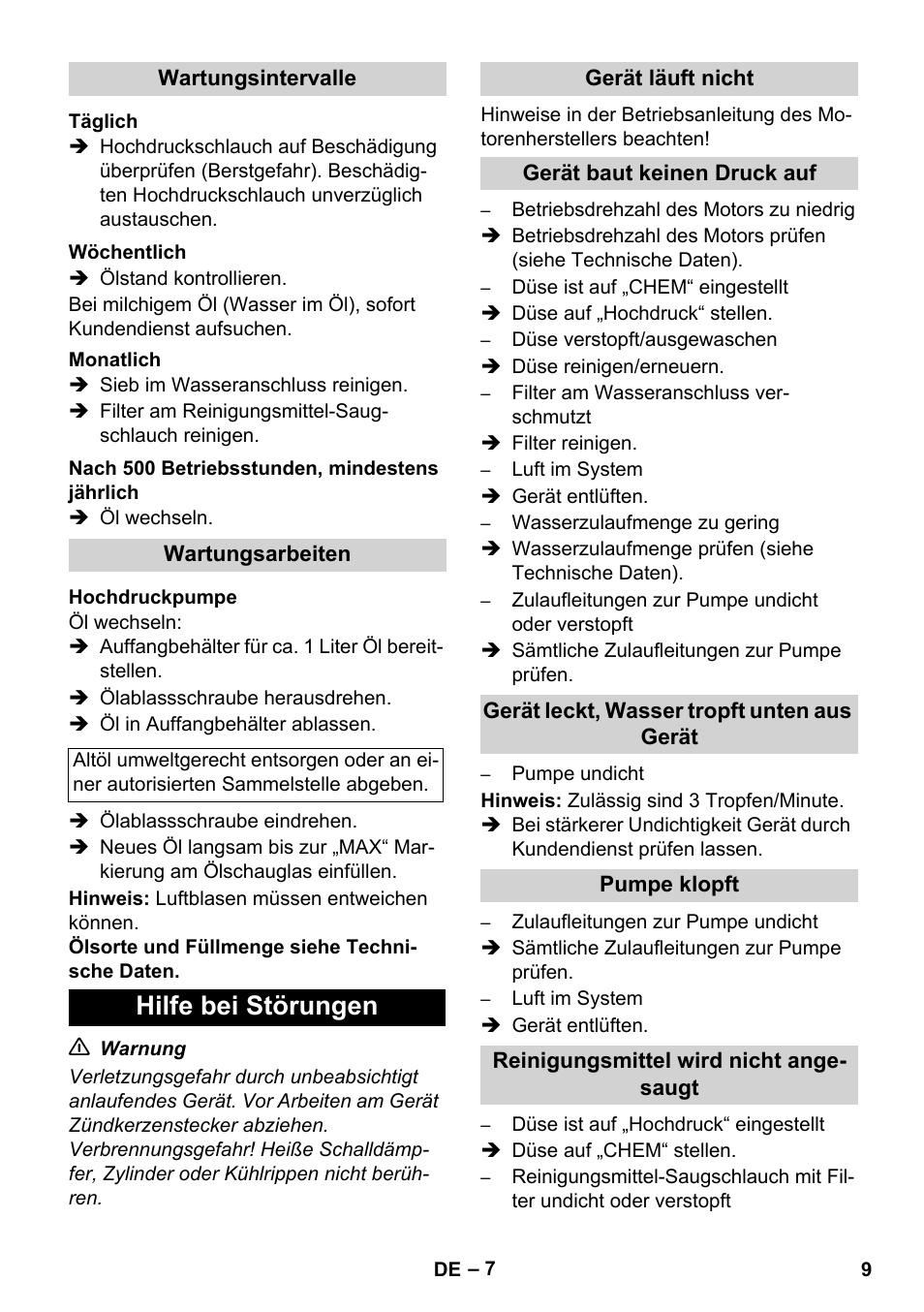 Hilfe bei störungen | Karcher HD 1050 B User Manual | Page 9 / 276