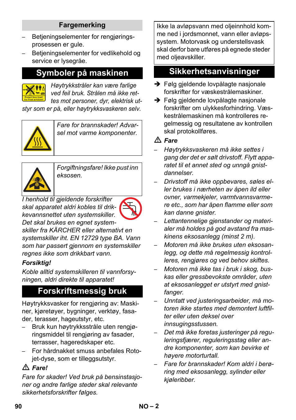 Symboler på maskinen, Forskriftsmessig bruk, Sikkerhetsanvisninger | Karcher HD 1050 B User Manual | Page 90 / 276