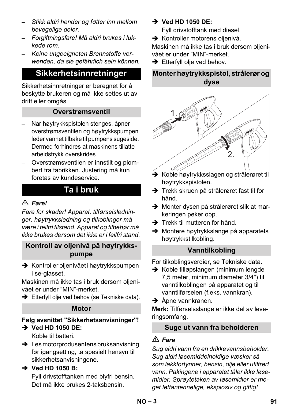 Sikkerhetsinnretninger, Ta i bruk | Karcher HD 1050 B User Manual | Page 91 / 276