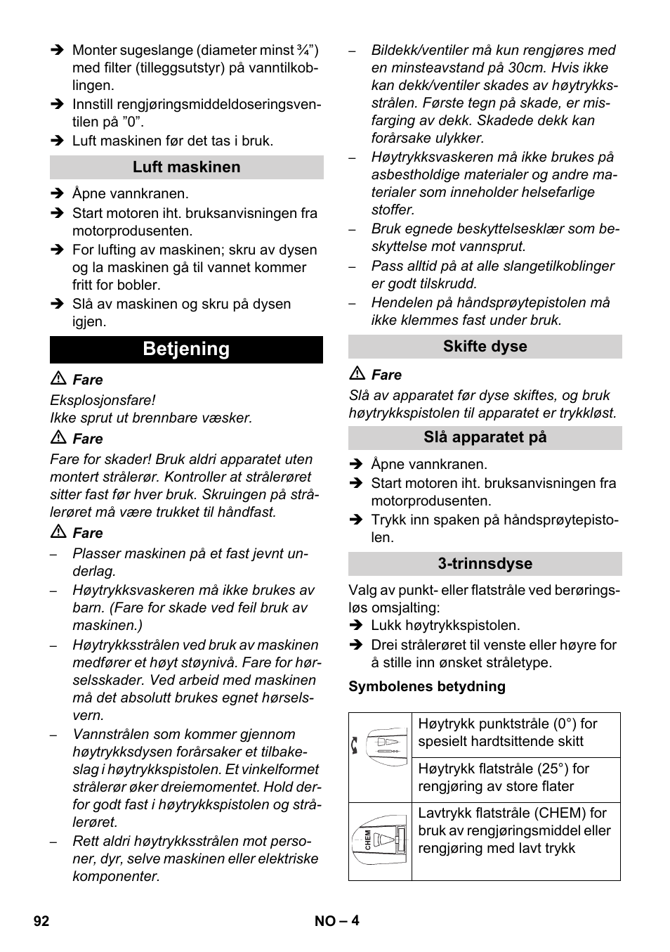 Betjening | Karcher HD 1050 B User Manual | Page 92 / 276