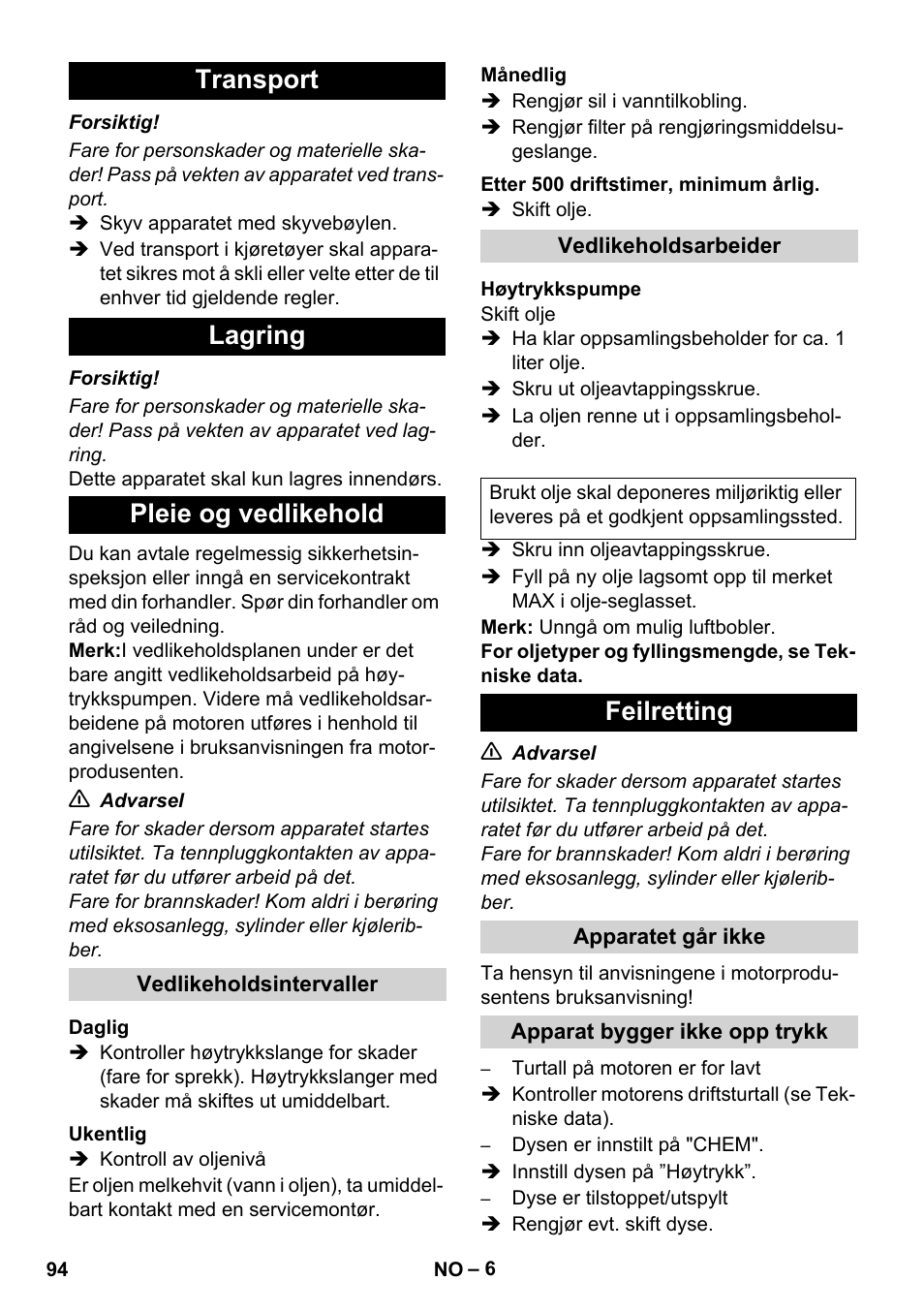 Transport lagring pleie og vedlikehold, Feilretting | Karcher HD 1050 B User Manual | Page 94 / 276