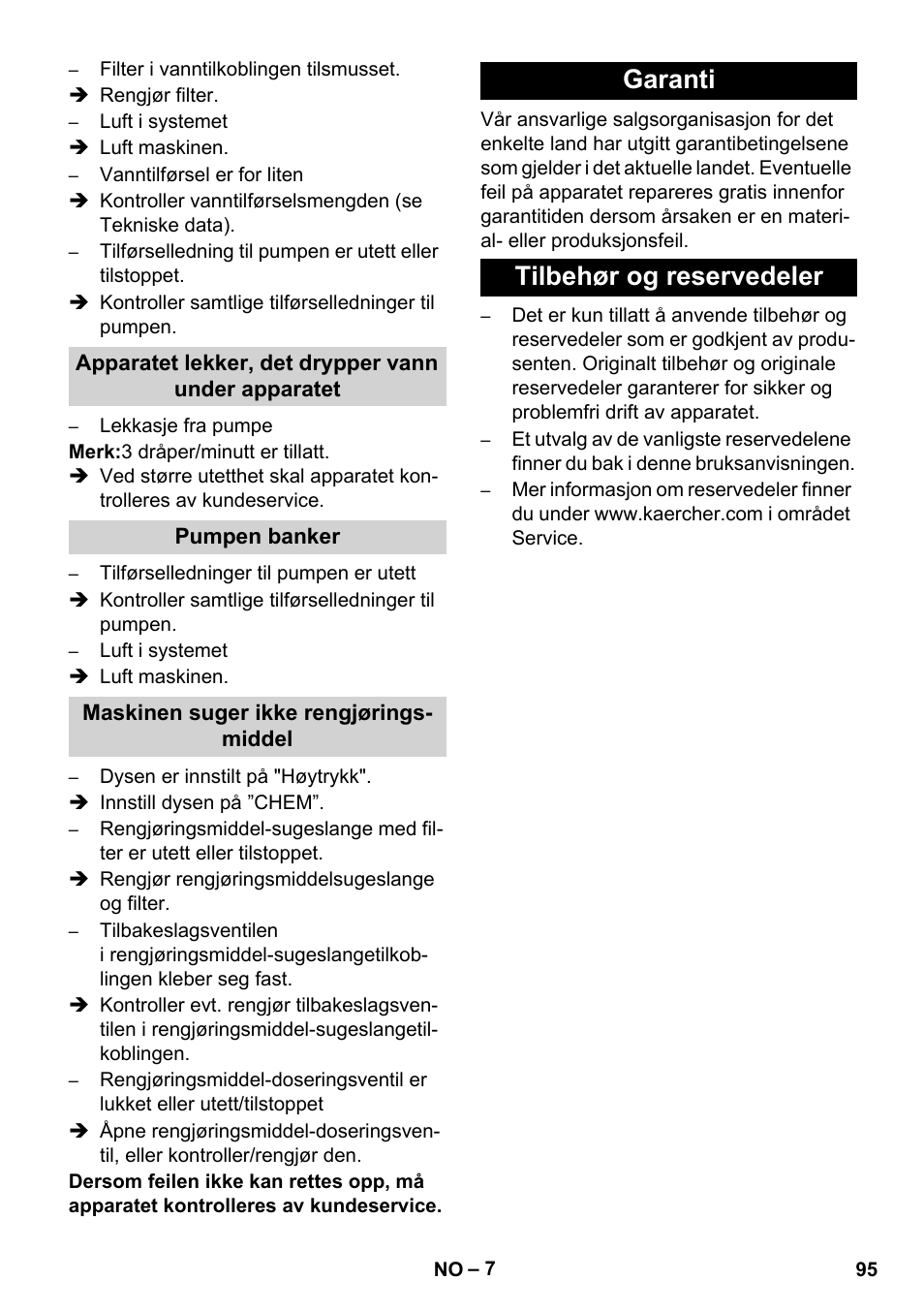 Garanti tilbehør og reservedeler | Karcher HD 1050 B User Manual | Page 95 / 276