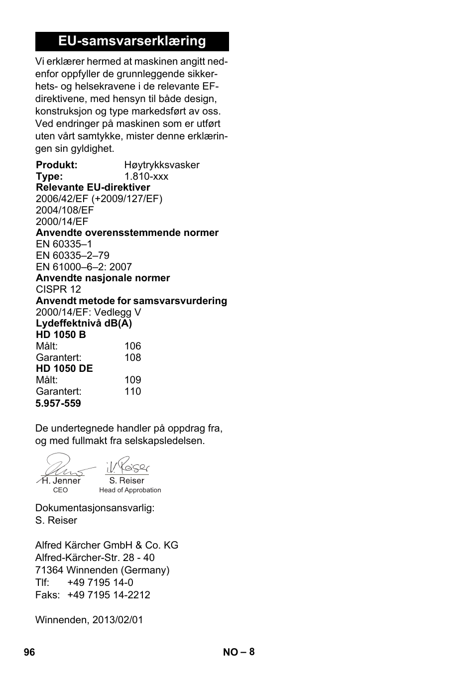 Eu-samsvarserklæring | Karcher HD 1050 B User Manual | Page 96 / 276