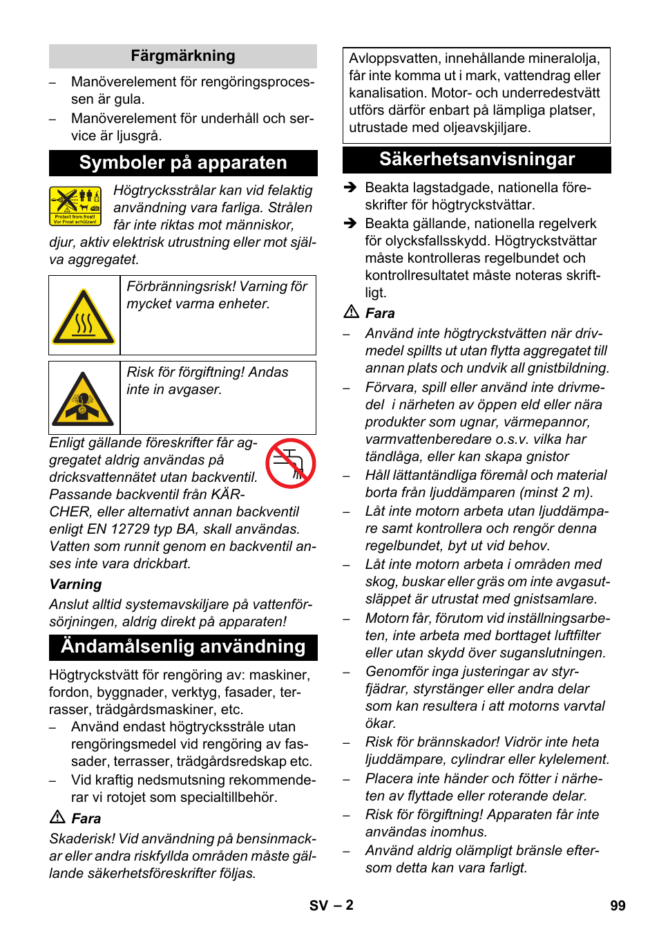 Symboler på apparaten, Ändamålsenlig användning, Säkerhetsanvisningar | Karcher HD 1050 B User Manual | Page 99 / 276