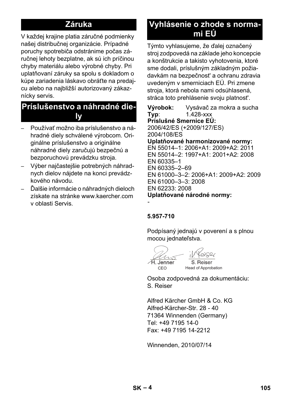 Záruka, Príslušenstvo a náhradné diely, Vyhlásenie o zhode s normami eú | Karcher NT 48-1 User Manual | Page 105 / 144