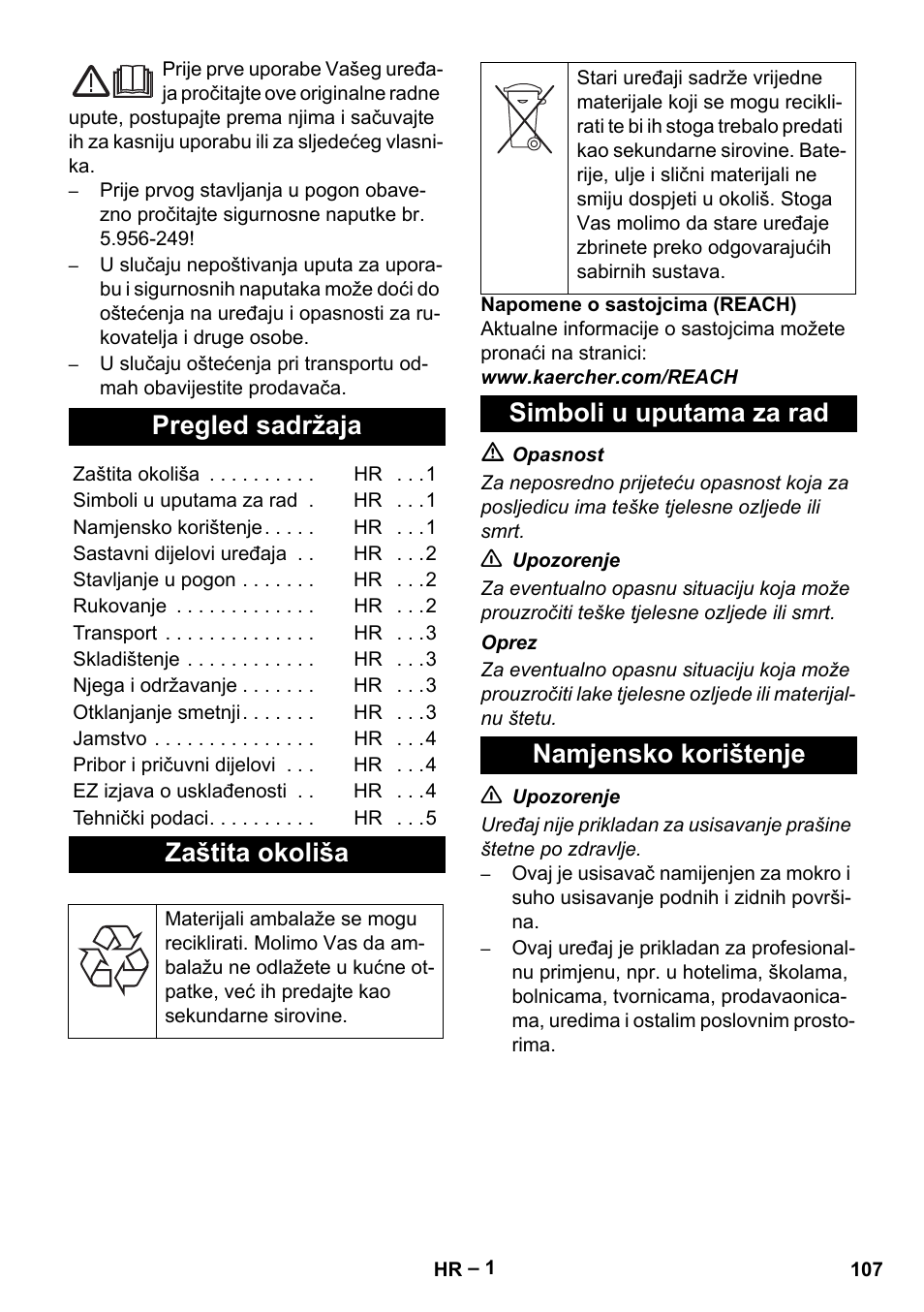 Hrvatski, Pregled sadržaja, Zaštita okoliša | Simboli u uputama za rad, Namjensko korištenje, Simboli u uputama za rad namjensko korištenje | Karcher NT 48-1 User Manual | Page 107 / 144