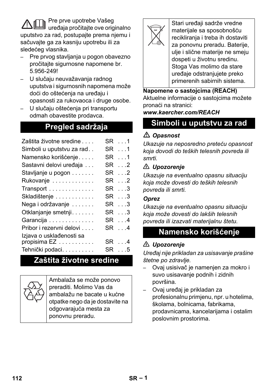 Srpski, Pregled sadržaja, Zaštita životne sredine | Simboli u uputstvu za rad, Namensko korišćenje, Simboli u uputstvu za rad namensko korišćenje | Karcher NT 48-1 User Manual | Page 112 / 144