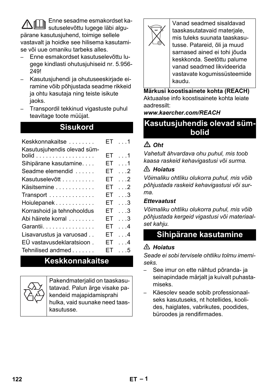 Eesti, Sisukord, Keskkonnakaitse | Kasutusjuhendis olevad sümbolid, Sihipärane kasutamine | Karcher NT 48-1 User Manual | Page 122 / 144