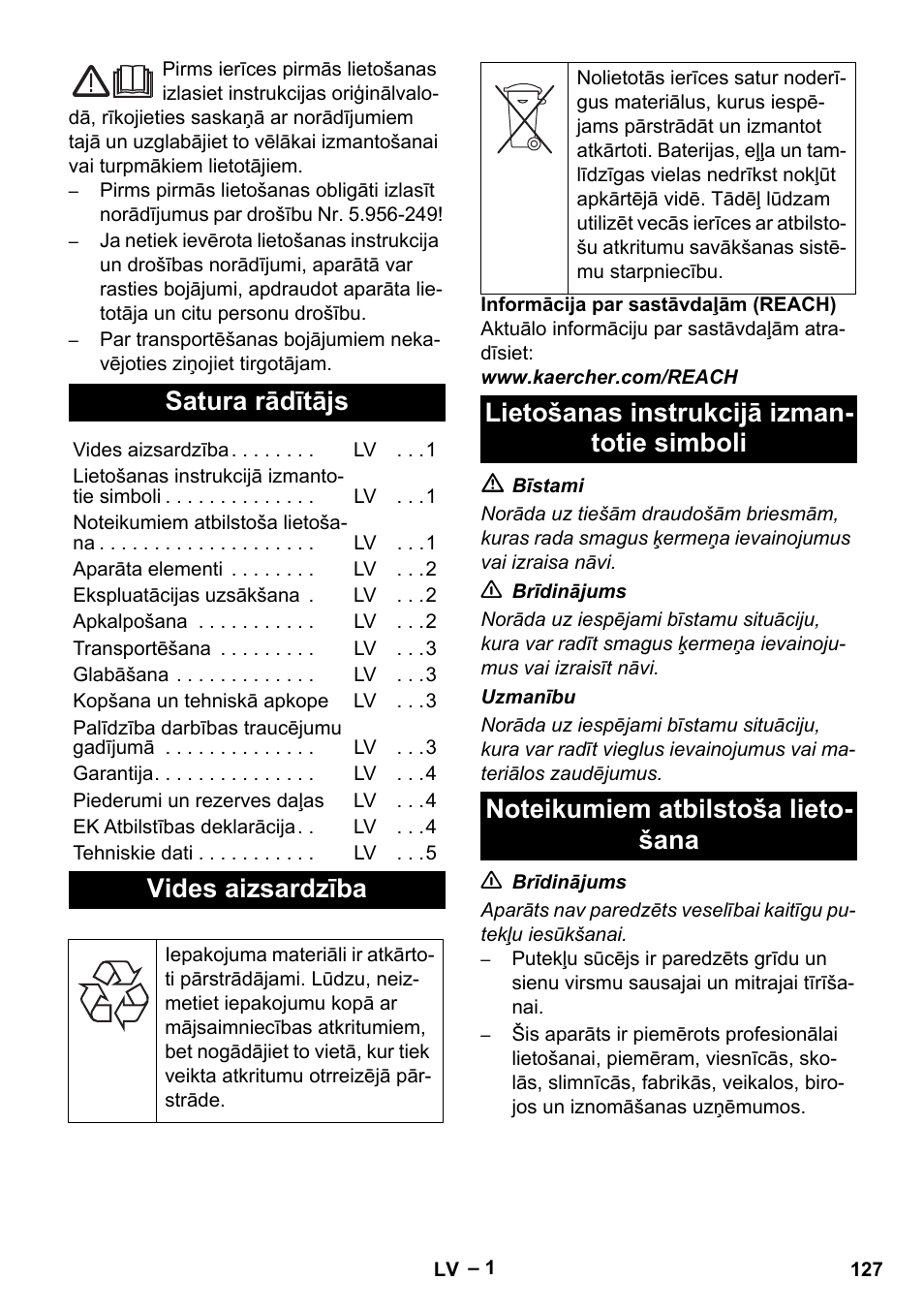 Latviešu, Satura rādītājs, Vides aizsardzība | Lietošanas instrukcijā izmantotie simboli, Noteikumiem atbilstoša lietošana | Karcher NT 48-1 User Manual | Page 127 / 144