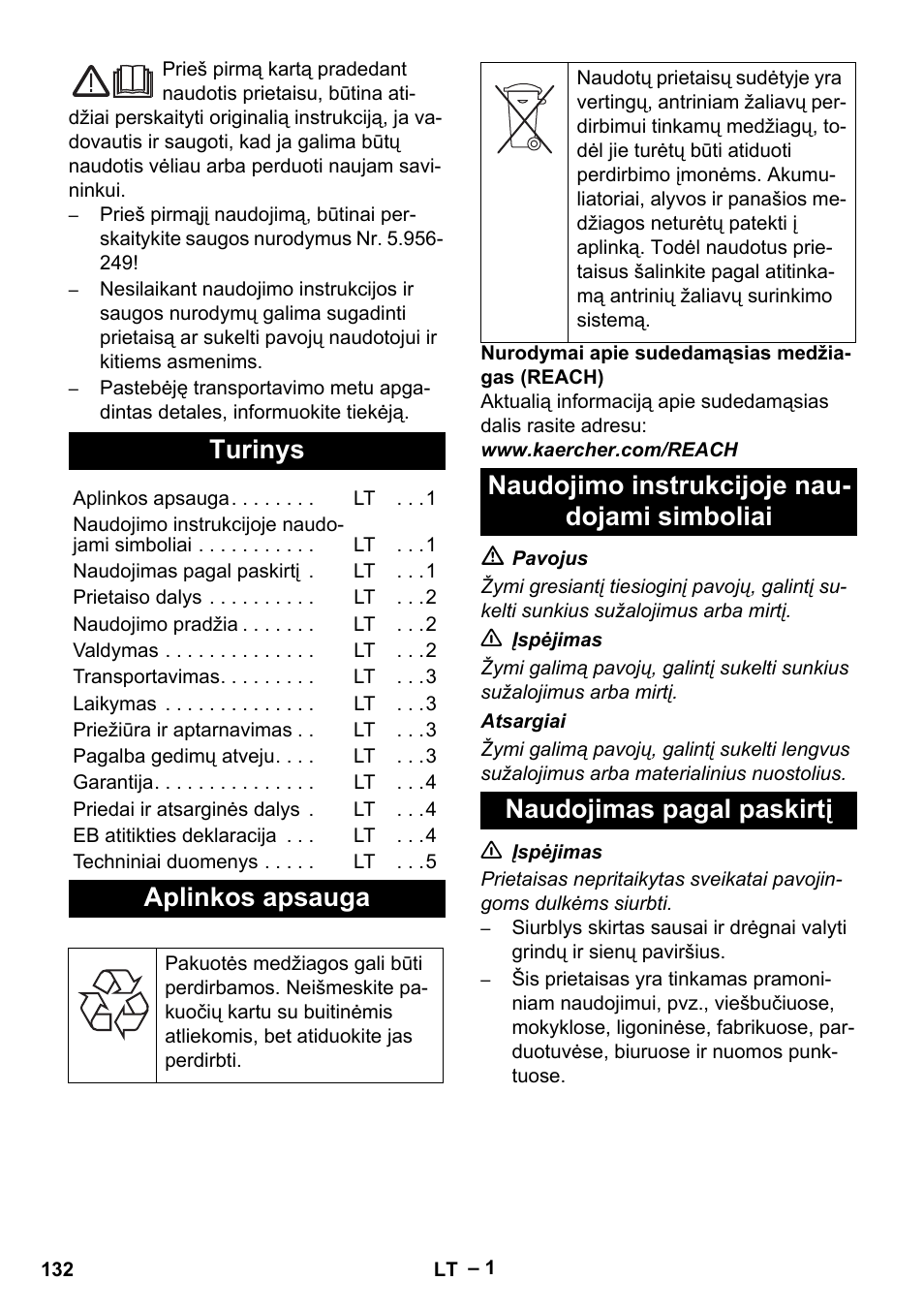 Lietuviškai, Turinys, Aplinkos apsauga | Naudojimo instrukcijoje naudojami simboliai, Naudojimas pagal paskirtį | Karcher NT 48-1 User Manual | Page 132 / 144