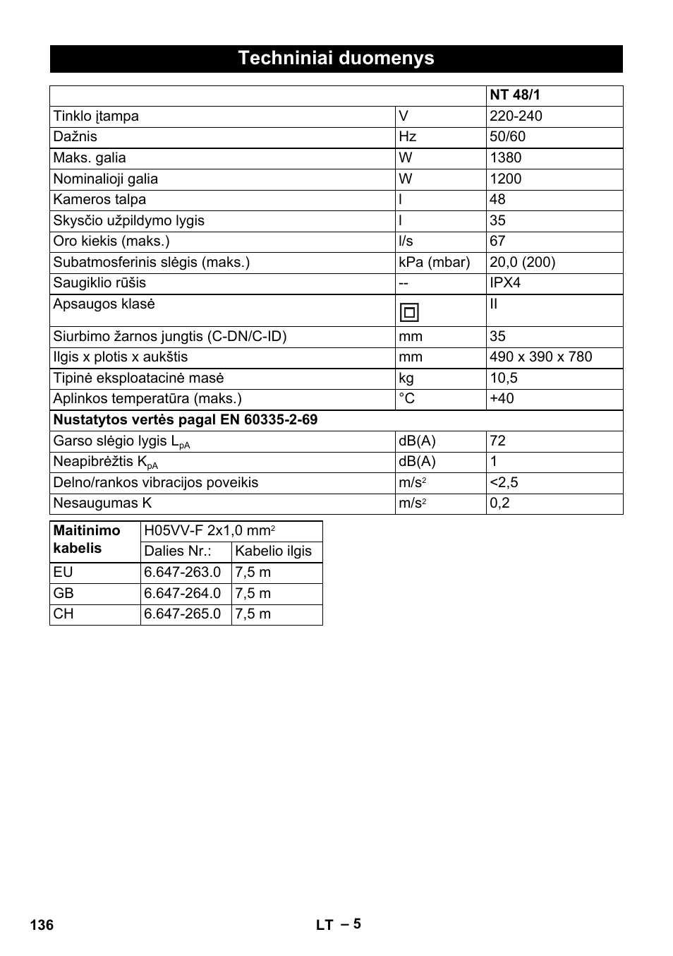 Techniniai duomenys | Karcher NT 48-1 User Manual | Page 136 / 144