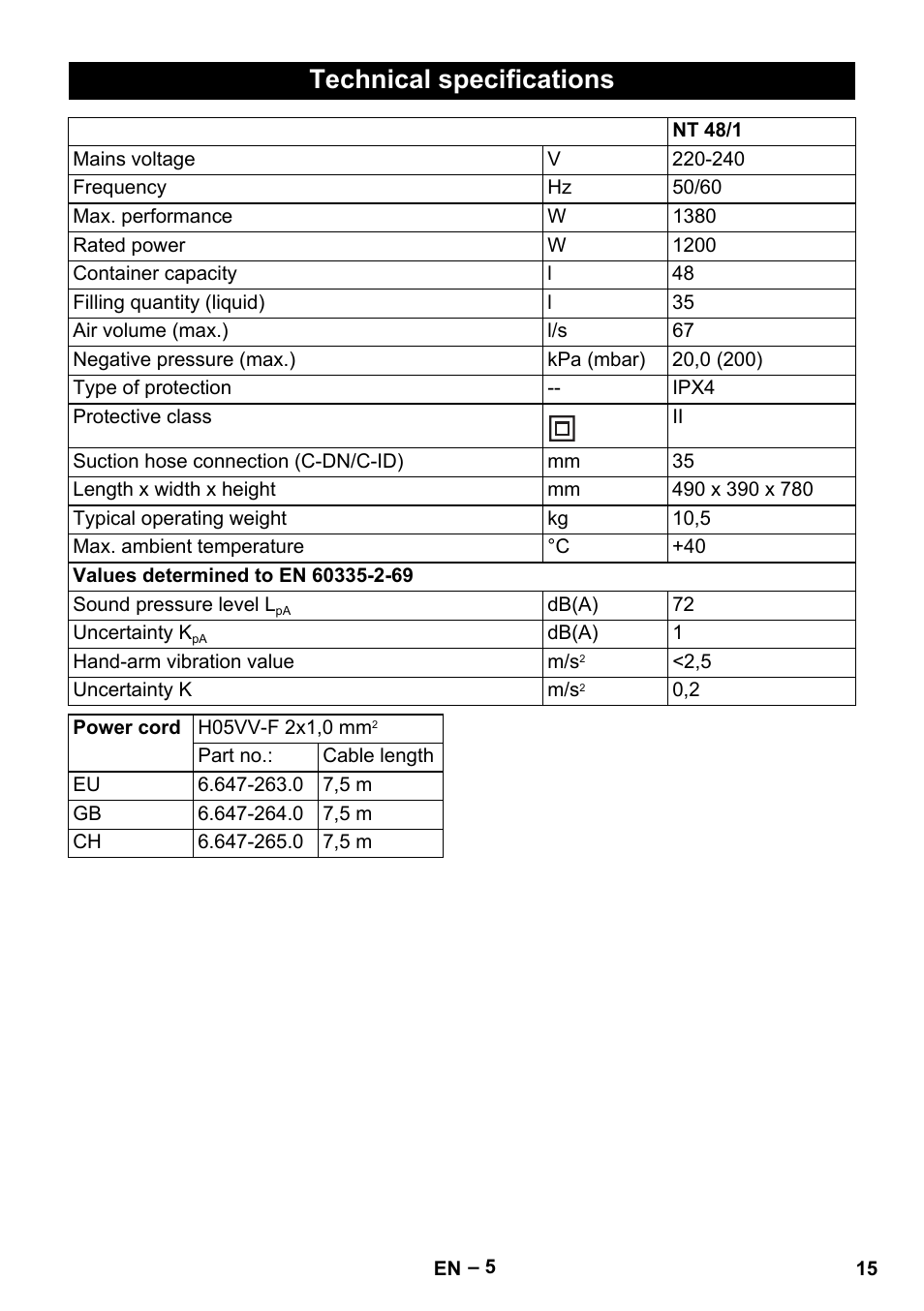 Technical specifications | Karcher NT 48-1 User Manual | Page 15 / 144