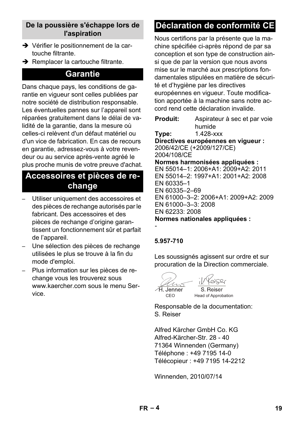 De la poussière s'échappe lors de l'aspiration, Garantie, Accessoires et pièces de rechange | Déclaration de conformité ce | Karcher NT 48-1 User Manual | Page 19 / 144